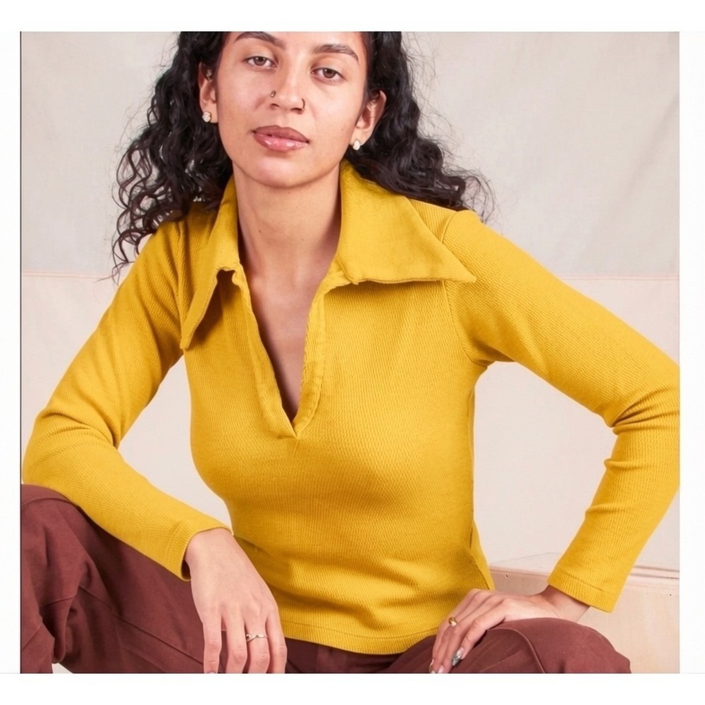 Big Bud Press | Fisherman Polo XL Yellow Long Sleeve Waffle Knit Cotton Unisex